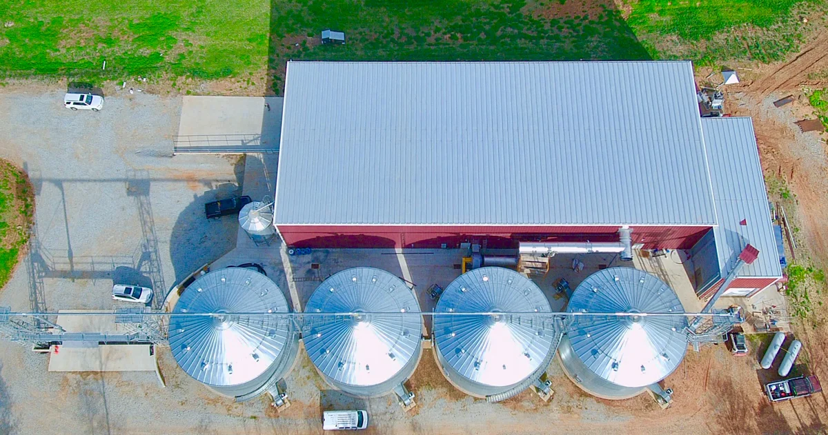 The Carolina Malt House facility and grain silos in North Carolina